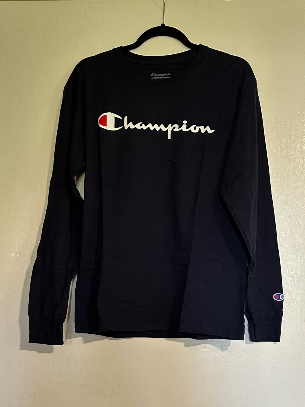 Champion Navy Long Sleeve Logo Tee M